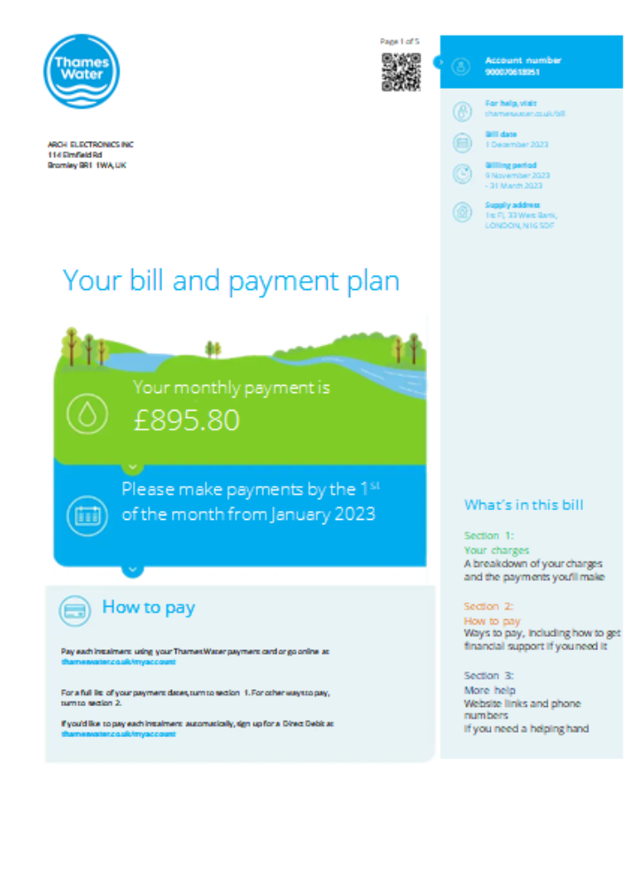 Thames Water utility business bill SCR PSD template